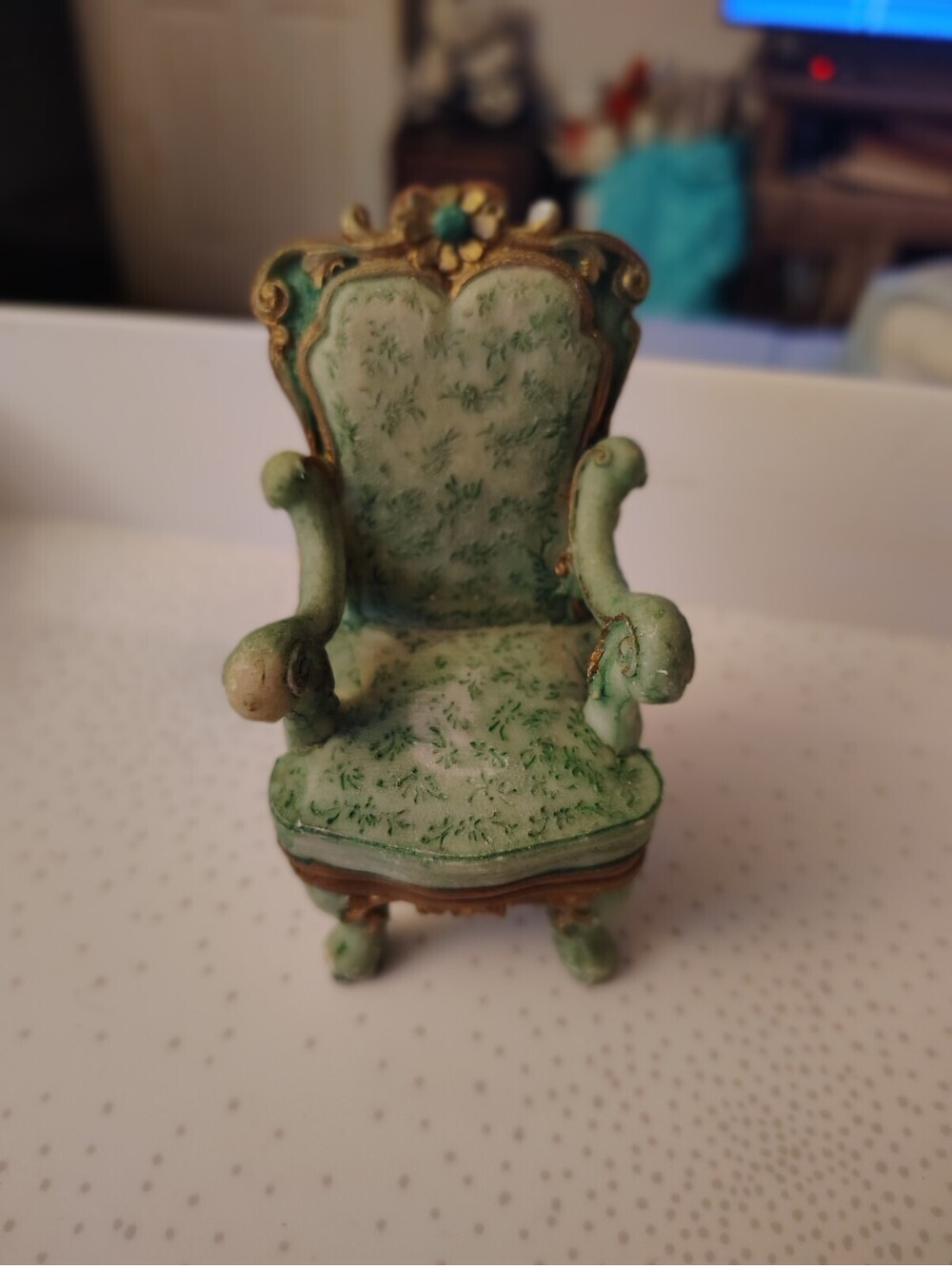 Vintage Miniature Victorian Green Resin Armchair Dollhouse Fairy Garden Chair